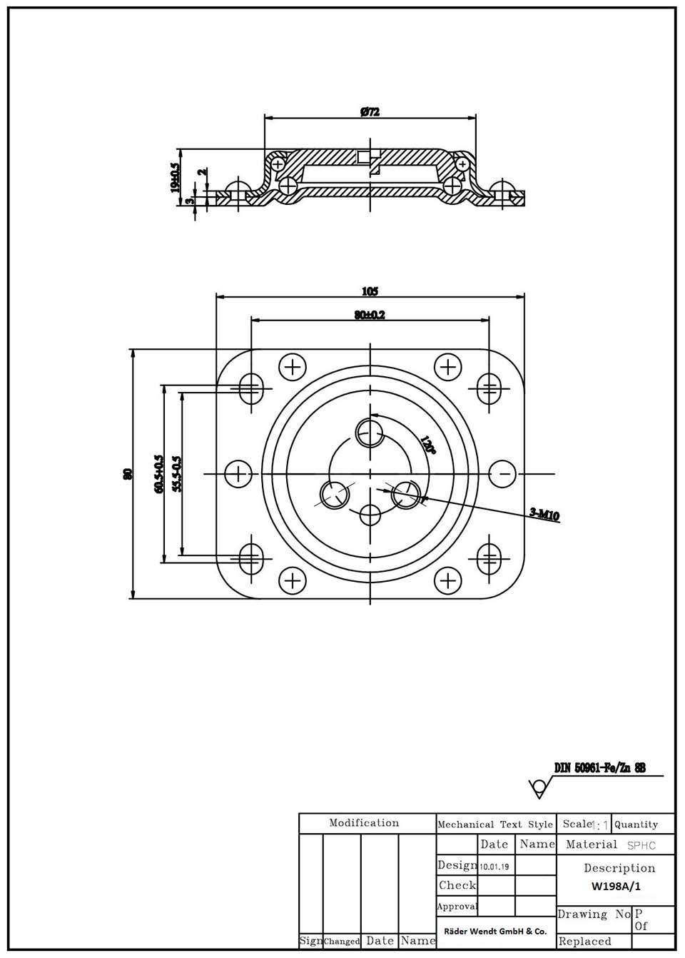 Technische Zeichnung für zweireihiges Druckkugellager (Axialkugellager) ohne Mittelbolzen Tragkraft 350 kg