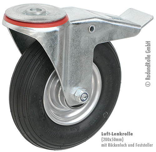 Lenkrolle mit Luftrad 200 x 50, Stahlfelge Rückenloch, ohne Anschraub-Platte