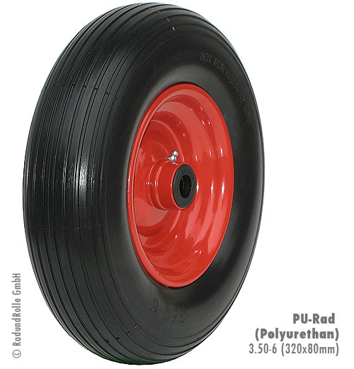 6 x PU Rad Ø 350 mm 3.50-8 Gleitlager Schubkarrenrad Reifen schwarz/rot 