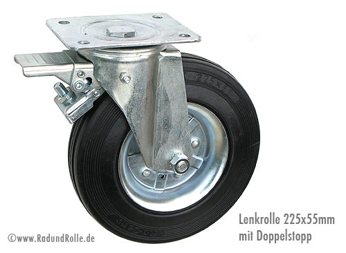 Transportrolle Doppelstop Feststeller Rad mit Drehkranz 225 x 55 mm