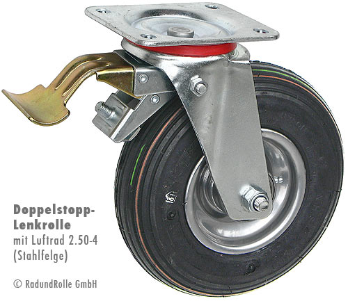 Lenkrolle mit Bremse Luftrad 2.50-4 215 x 65 mm mit Feststeller 