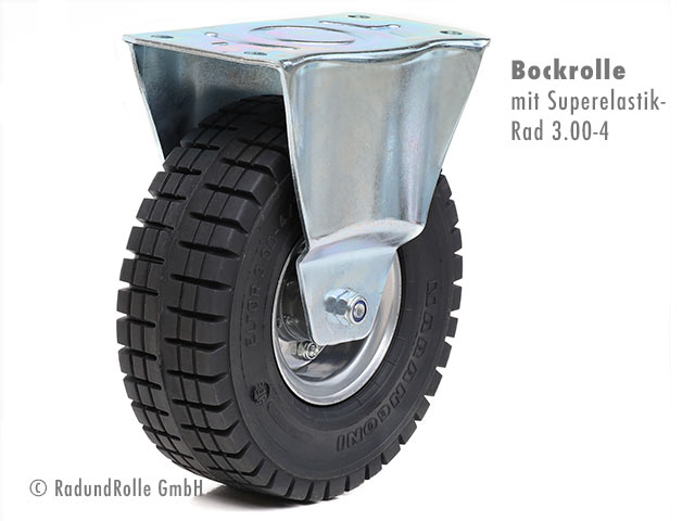 Pannensichere Bockrolle mit Superelastik-Rad 3.00-4 (251x84mm) und zweiteiliger Stahlfelge