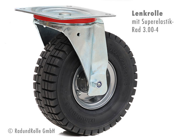 Pannensichere Lenkrolle mit Superelastik-Rad 3.00-4 (251x84mm) und zweiteiliger Stahlfelge
