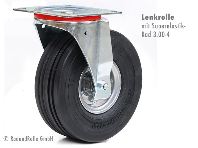 Pannensichere Lenkrolle mit Superelastik-Rad 3.00-4 (255x85mm) und zweiteiliger Stahlfelge