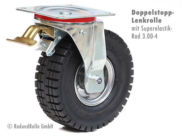 Pannensichere Doppelstopp-Lenkrolle mit Superelastik-Rad 3.00-4 (251x84mm) und zweiteiliger Stahlfelge