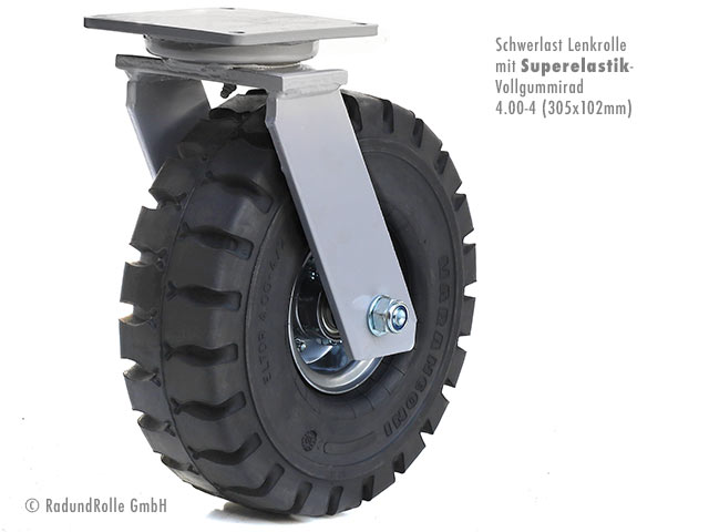 Pannensichere Lenkrolle mit Superelastik-Rad 4.00-4 (305x102mm) und zweiteiliger Stahlfelge verstärkt