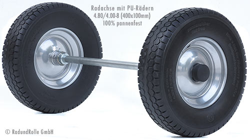 Radsatz mit PU-Bereifung 400x100mm, absolut pannensicher, dornenfest, wartungsfrei, kugelgelagerte Stahlfelge