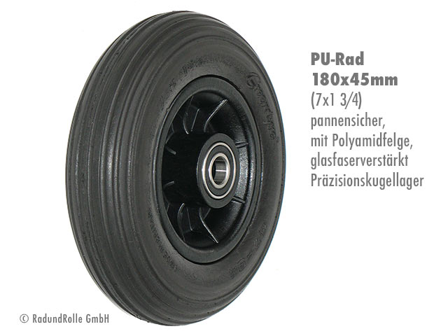 Qualitäts-Rad mit Polyurethan-Reifen 7x1,75, Kunststofffelge aus glasfaserverstärktem Polyamid mit Präzisionskugellagern