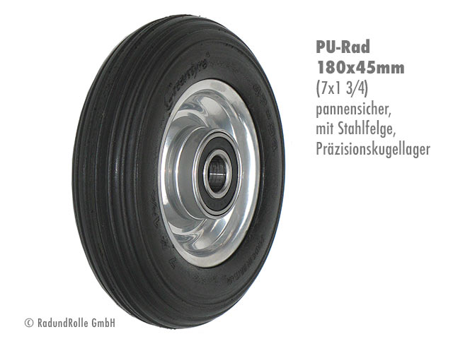 Qualitäts-Rad mit Polyurethan-Reifen 7 x 1,75, Stahlfelge mit Präzisionskugellagern