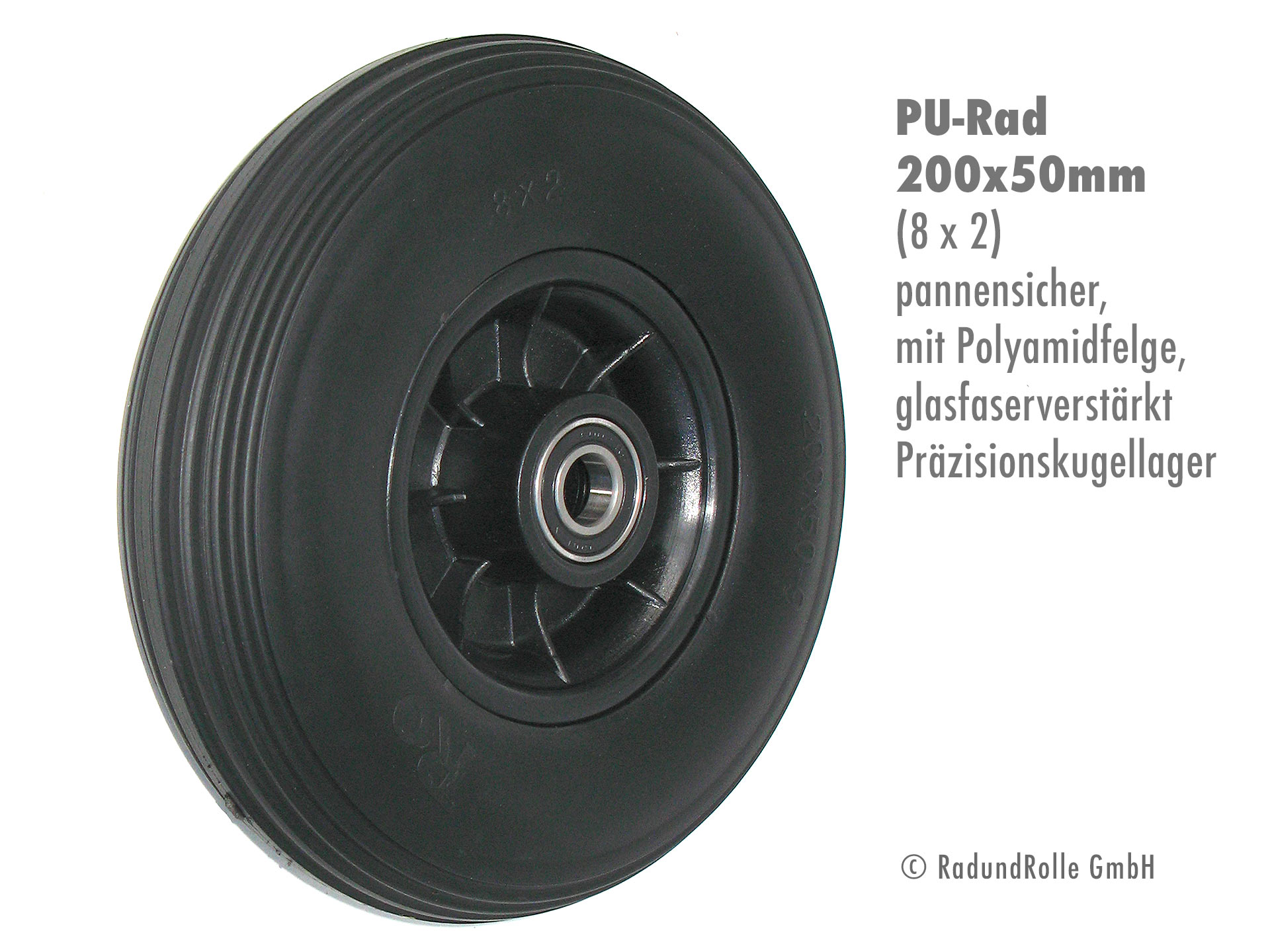 Qualitäts-Rad mit Polyurethan-Reifen 8x2, Kunststofffelge aus glasfaserverstärktem Polyamid mit Präzisionskugellagern