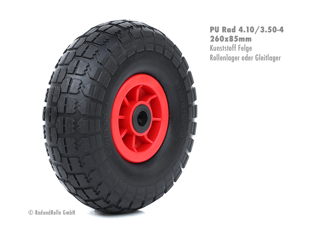 Qualitäts-Rad mit Polyurethan-Reifen 4.10/3.50-4, PP-Kunststofffelge mit Gleitlagern oder Rollenlagern