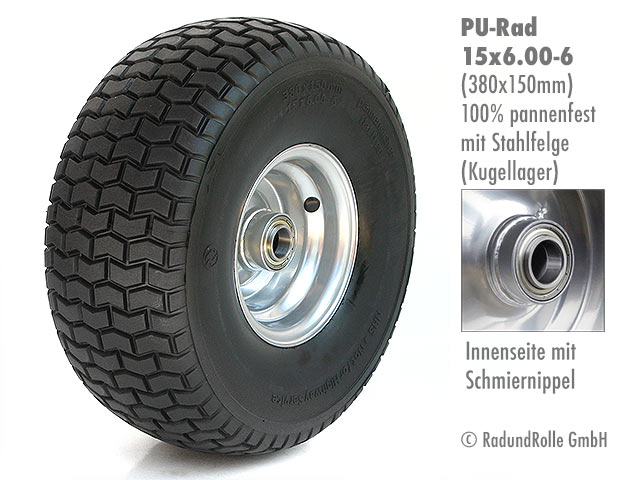 Pannensicherer PU-Reifen 15x6.00-6 auf Stahlfelge, dornenfest, wartungsfrei
