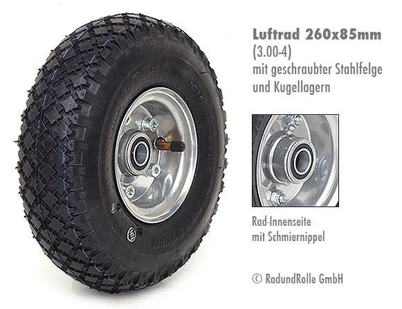 Luft Rad Sackkarrenrad Bollerwagen 260x85x20 mm Reifen  3.00-4 Kugellager 