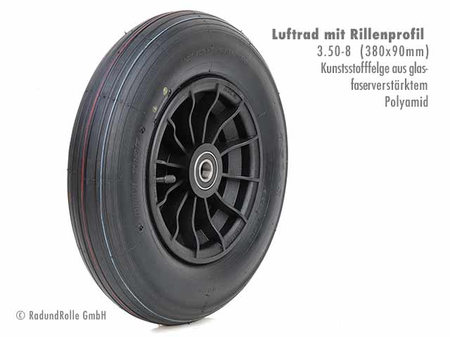 Luftrad 380x90mm, Reifen 3.50-8 mit 4PR Rillenprofil, PA-Kunststofffelge 2.50Ax8 H2, Gleitlager, Rollenlager, Kugellager