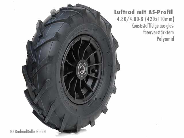 Luftrad 420x110mm, Reifen 4.80/4.00-8 mit 4PR Ackerschlepperprofil (AS-Profil), PA-Kunststofffelge 2.50Ax8 H2, Gleitlager, Rollenlager, Kugellager