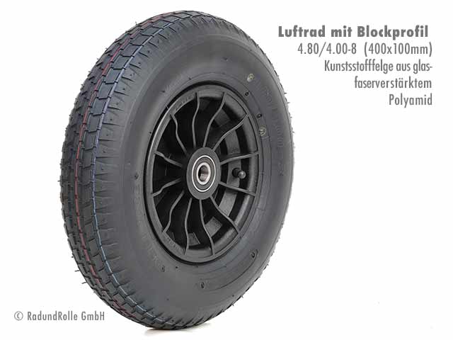 Luftrad 400x100mm, Reifen 4.80/4.00-8 mit 4PR Blockprofil, PA-Kunststofffelge 2.50Ax8 H2, Gleitlager, Rollenlager, Kugellager