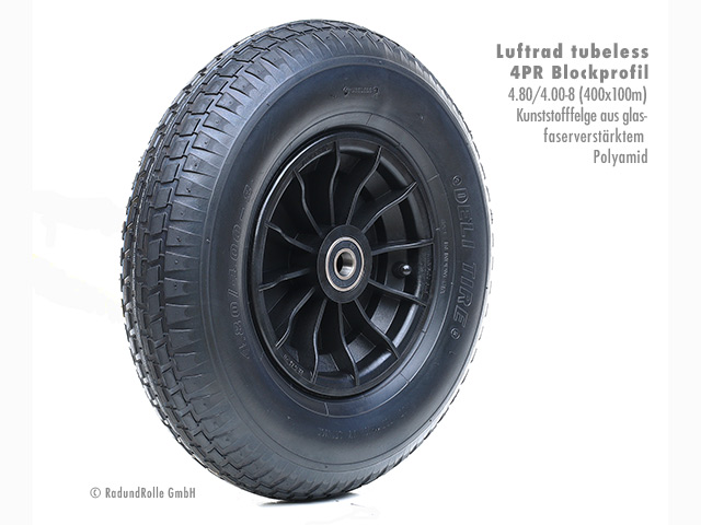 Luftrad 400x100mm, Reifen 4.80/4.00-8 mit 4PR Blockprofil TL (tubeless), PA-Kunststofffelge 2.50Ax8 H2, Gleitlager, Rollenlager, Kugellager