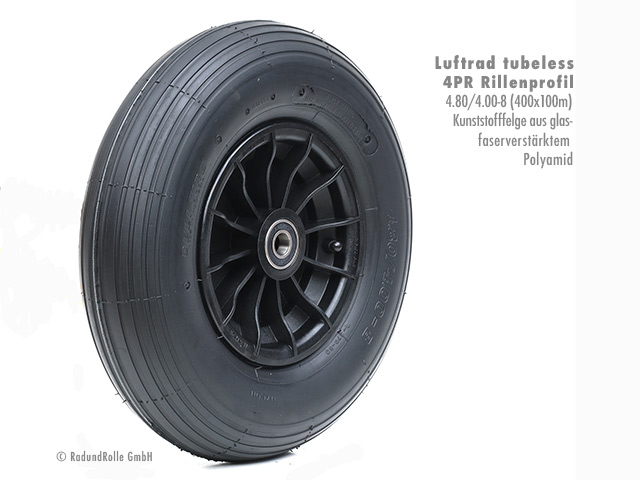 Luftrad 400x100mm, Reifen 4.80/4.00-8 mit 4PR Rillenprofil TL (tubeless), PA-Kunststofffelge 2.50Ax8 H2, Gleitlager, Rollenlager, Kugellager