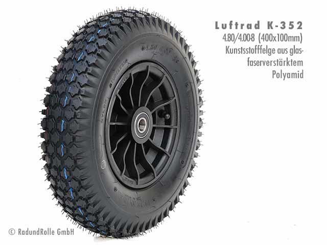 Luftrad 400x100mm, Reifen 4.80/4.00-8 mit 6PR Stollenprofil K-352, PA-Kunststofffelge 2.50Ax8 H2, Gleitlager, Rollenlager, Kugellager