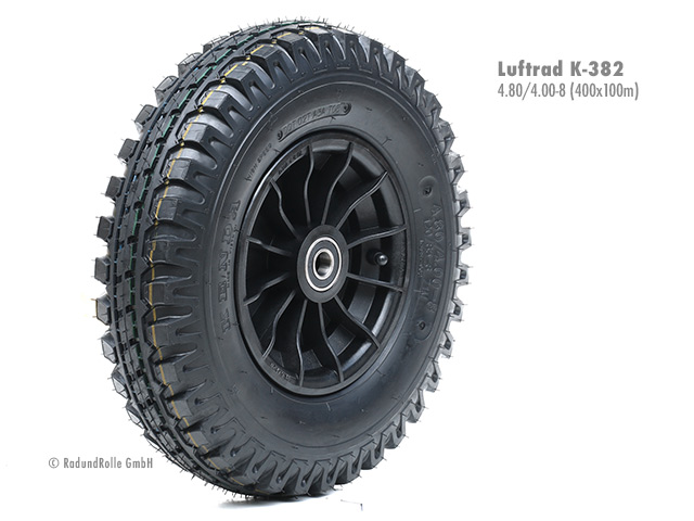 Luftrad 400x105mm, Reifen 4.80/4.00-8 mit 8PR Straßenblockrofil K-385 Robusta, PA-Kunststofffelge 2.50Ax8 H2, Gleitlager, Rollenlager, Kugellager