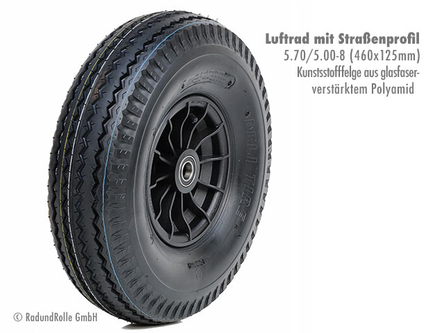 Luftrad 460x125mm, Reifen 5.70/5.00-8 mit 6PR Straßenprofil (Zick-Zack-Rille), PA-Kunststofffelge 2.50Ax8 H2, Gleitlager, Rollenlager, Kugellager
